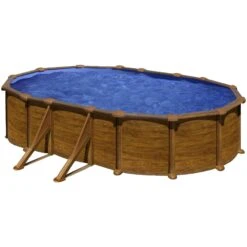 GRE Stahlwandpool Oval High Line 610x375x132 Cm, Stahl 0,45 Mm Holzoptik, Folie 0,4 Mm Blau, Overlap