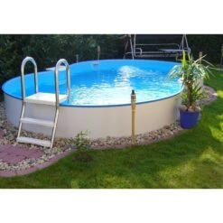 Waterman Stahlwandpool Set (9-teil) Halbhoch Achtform Calypso 525x320x150cm, Stahl 0,8mm Weiß Folie 0,6mm Bl. -Meyer Poolwelt Achtformpool Halbhoch 01 2