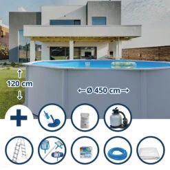 Meyer Poolwelt 18 Waterman Stahlwandpool Set (9-teilig) Hoch Rund Eco 450 X 120 Cm, Stahl 0,4 Mm Weiß Folie 0,3 Mm Blau