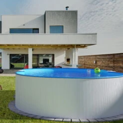 Stahlwandpool Achtform 650x420x120 Cm, Stahl 0,4 Mm Weiß, Folie 0,4 Mm Blau, Einhängebiese -Meyer Poolwelt S81009MSVS S81010MSVS S8140MSVS Stahlwandbecken Achtform Weiss Blau 03