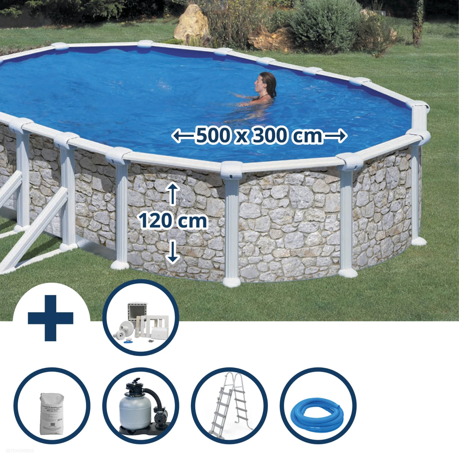 GRE Stahlwandpool Set (6-teilig) Hoch Oval 500 X 300 X 120 Cm, Stahl 0,45mm Steinoptik Folie 0,3mm Blau 3 GRE Stahlwandpool Set (6-teilig) Hoch Oval 500 X 300 X 120 Cm, Stahl 0,45mm Steinoptik Folie 0,3mm Blau