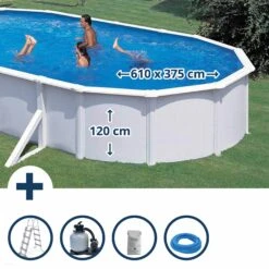Meyer Poolwelt 12 Waterman Stahlwandpool Set Oval Classic 610x375x120 Cm, Stahl 0,45 Mm Weiß, Folie 0,4 Mm Blau, Overlap