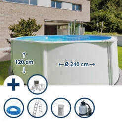 Meyer Poolwelt 10 GRE Stahlwandpool Set (5-teilig) Hoch Rund Classic 240 X 120 Cm, Stahl 0,45 Mm Weiß Folie 0,3 Mm Blau