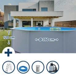 Stahlwandpool Set (5-teilig) Hoch Rund Classic 350 X 120 Cm, Stahl 0,4 Mm Weiß Folie 0,3 Mm Blau