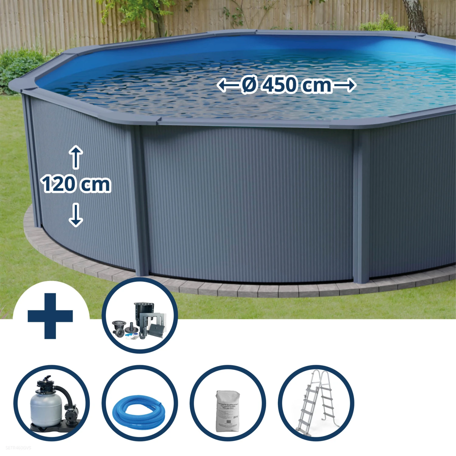 GRE Stahlwandpool Set (5-teilig) Hoch Rund Classic 450 X 120 Cm, Stahl 0,45mm Anthrazit Folie 0,3mm Blau 3 GRE Stahlwandpool Set (5-teilig) Hoch Rund Classic 450 X 120 Cm, Stahl 0,45mm Anthrazit Folie 0,3mm Blau