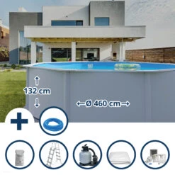 GRE Stahlwandpool Set (6-teilig) Hoch Rund High Line 460 X 132 Cm, Stahl 0,45 Mm Weiß Folie 0,4 Mm Blau